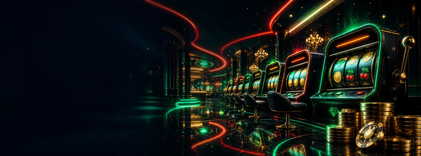Lobby des Betonred Casinos mit Spielautomaten und roten und grünen Akzenten